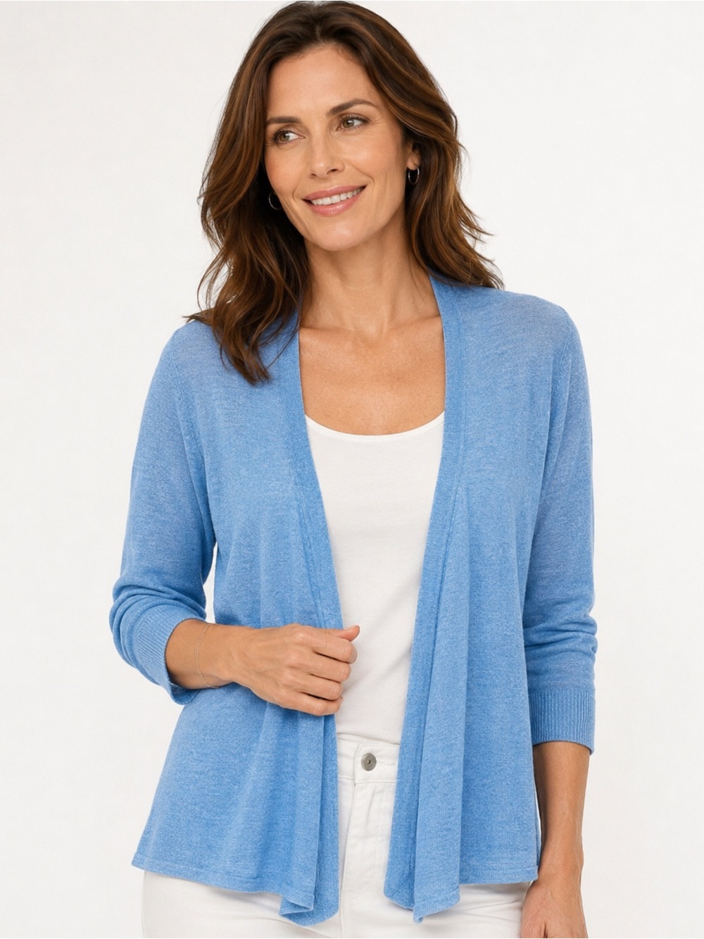 NIC+ZOE Lightweight 4 Way Slub Knit Linen Blend 3/4 Sleeve Cardigan Blue M NWT - Picture 3 of 16